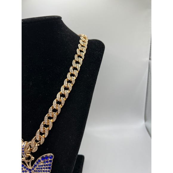 Jennifer & Co Gold NWT Chunky Rhinestone Chain Necklace Blue Butterfly Pendant - Picture 4 of 11